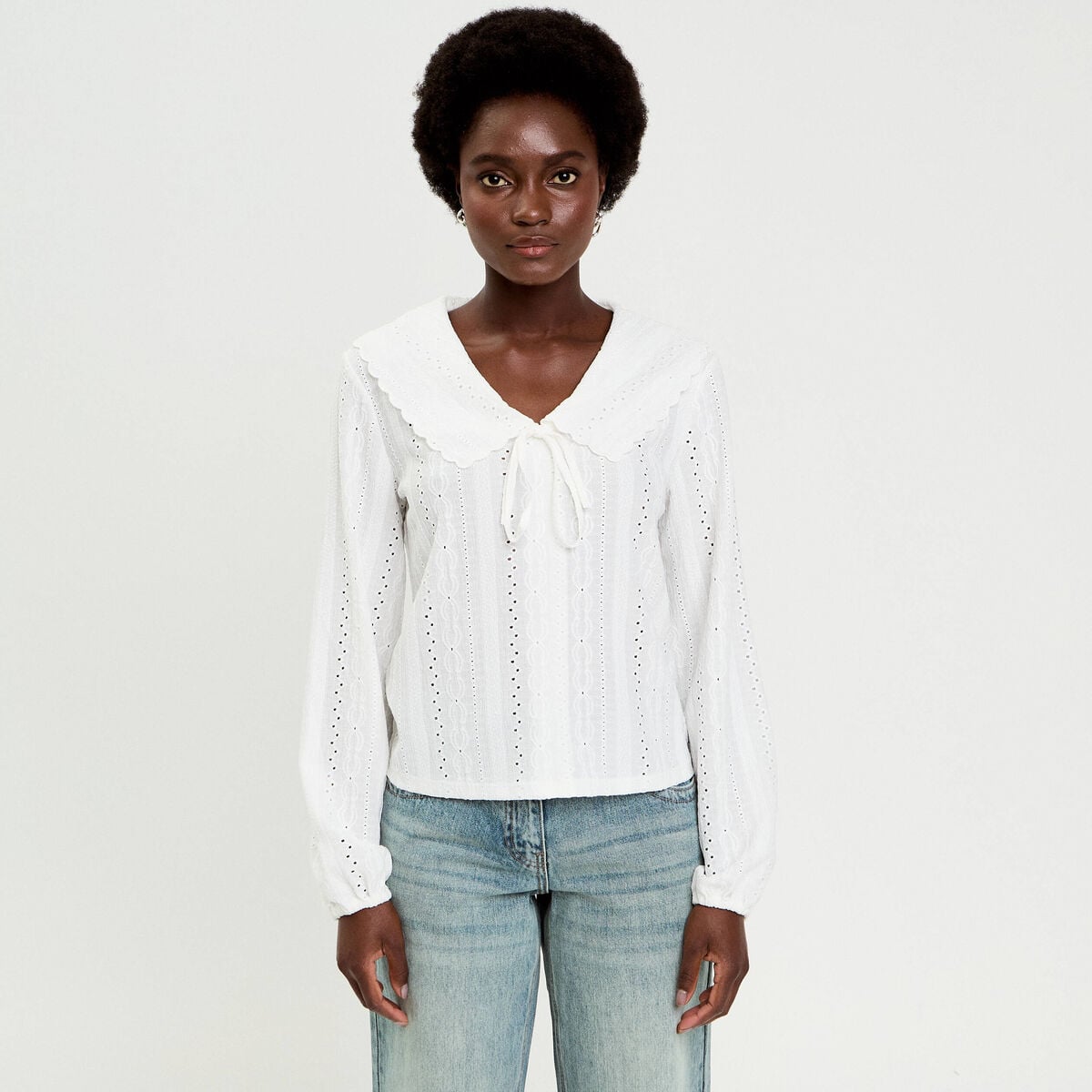 Blouse ajour&eacute;e col claudine dentelle ecru femme