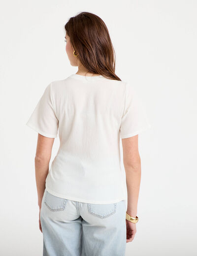 T-shirt cintr&eacute; col rond manches courtes ecru femme