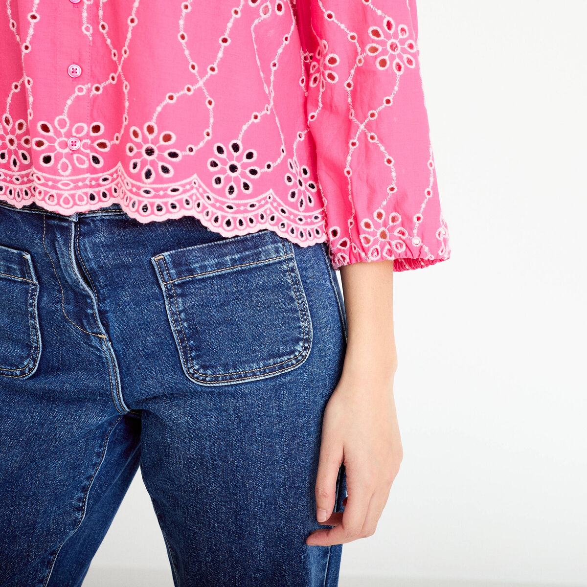Blouse broderie anglaise rose fushia femme