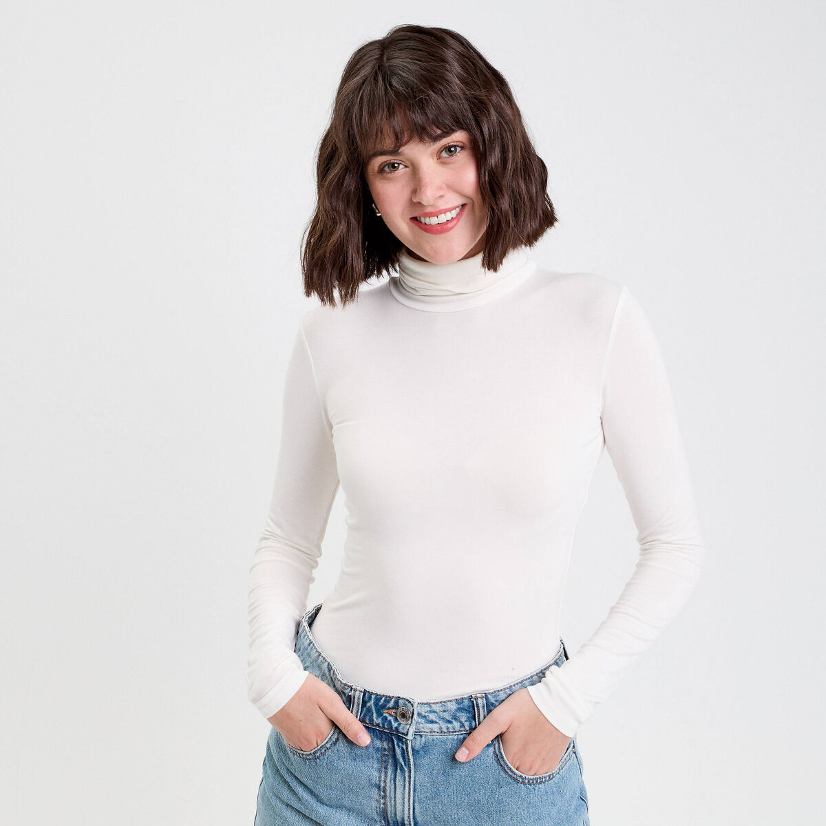 T-shirt uni &agrave; manches longues ecru femme