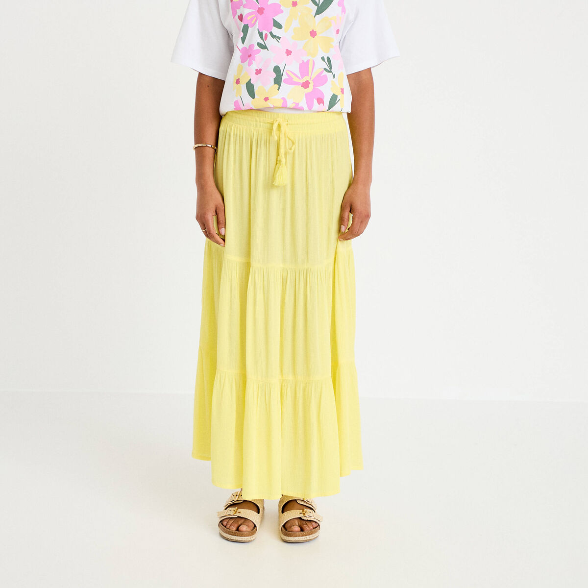 Jupe longue pliss&eacute;e &eacute;vas&eacute;e jaune pastel femme