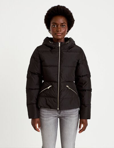 Doudoune cintr&eacute;e &agrave; capuche noir femme