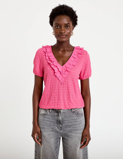 Blouse pliss&eacute;e col v manches courtes rose fushia femme