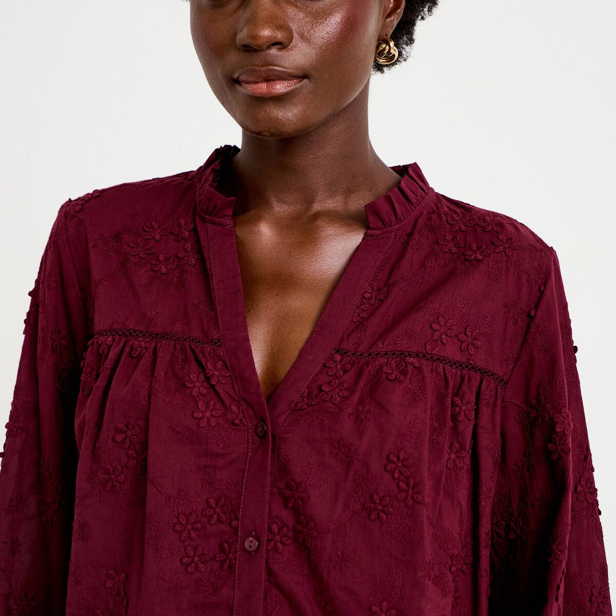 Blouse droite col rond manches longues bordeaux femme