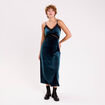 Robe longue en velours d&eacute;tails dentelle bleu canard femme