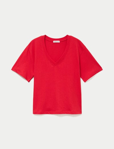 T-shirt col v manches courtes rouge femme