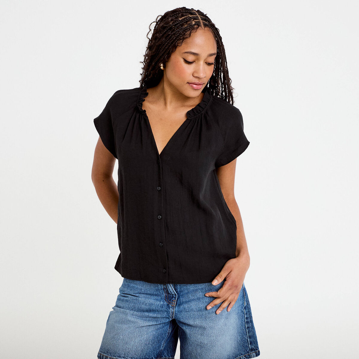 Blouse ample col v manches courtes noir femme