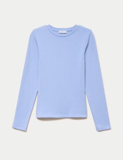 T-shirt cintr&eacute; col rond manches longues bleu clair femme