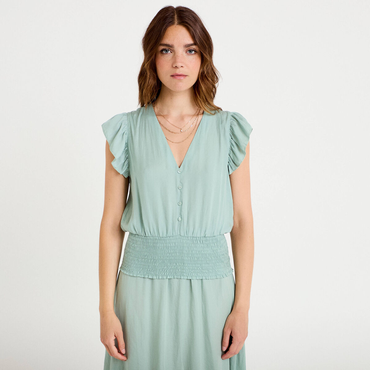 Blouse cintr&eacute;e col v manches courtes vert pastel femme