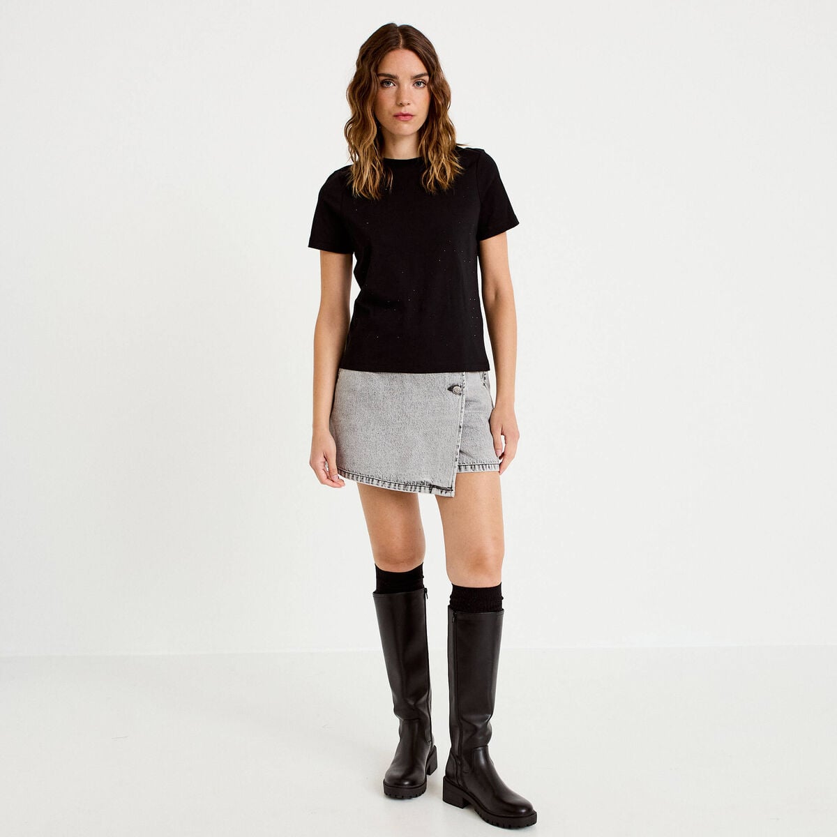 T-shirt col rond manches courtes noir femme