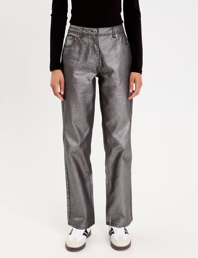 Pantalon droit enduit gris argent femme