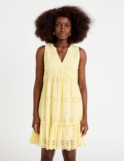 Robe courte &eacute;vas&eacute;e col v sans manches jaune clair femme