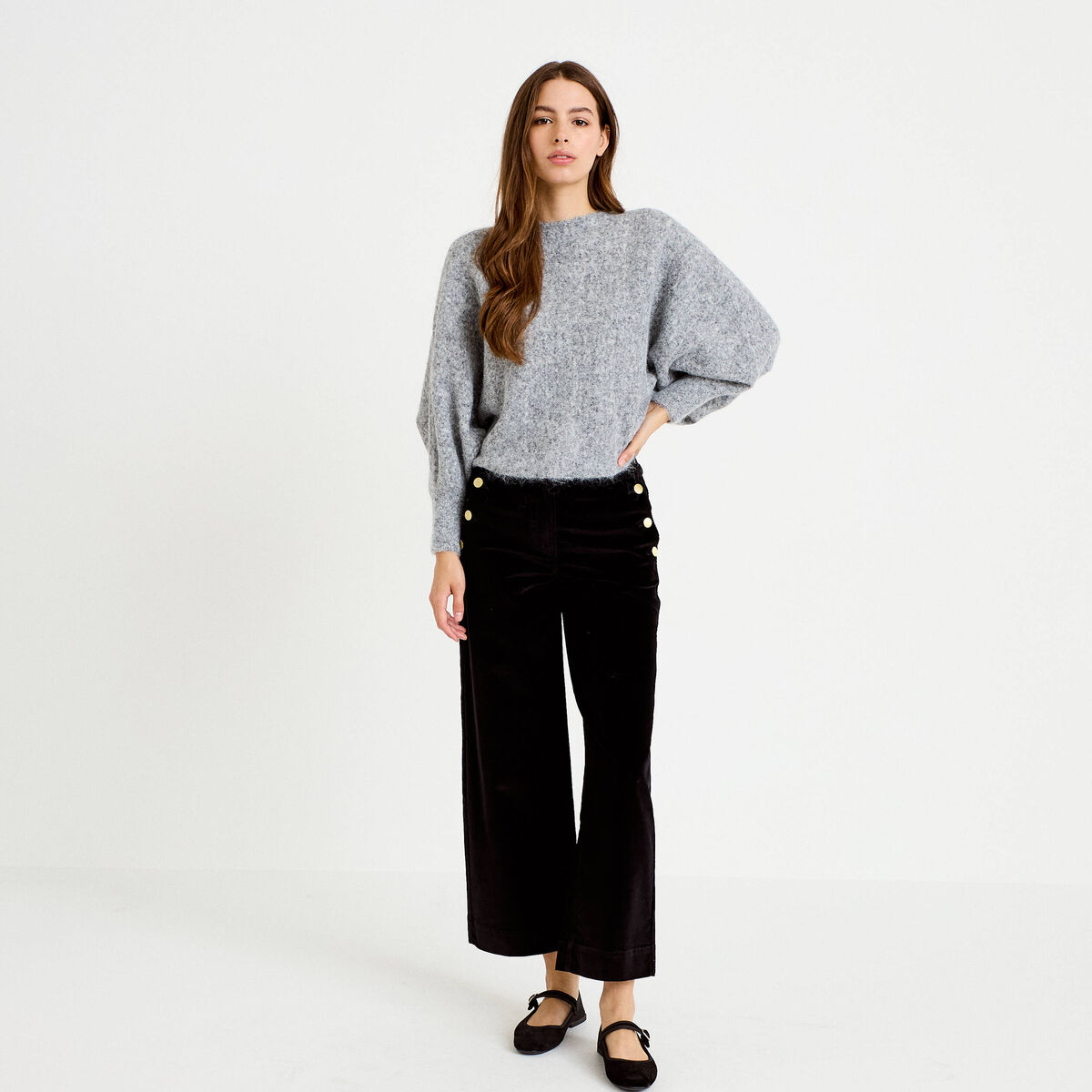 Pantalon bootcut taille haute velours noir femme