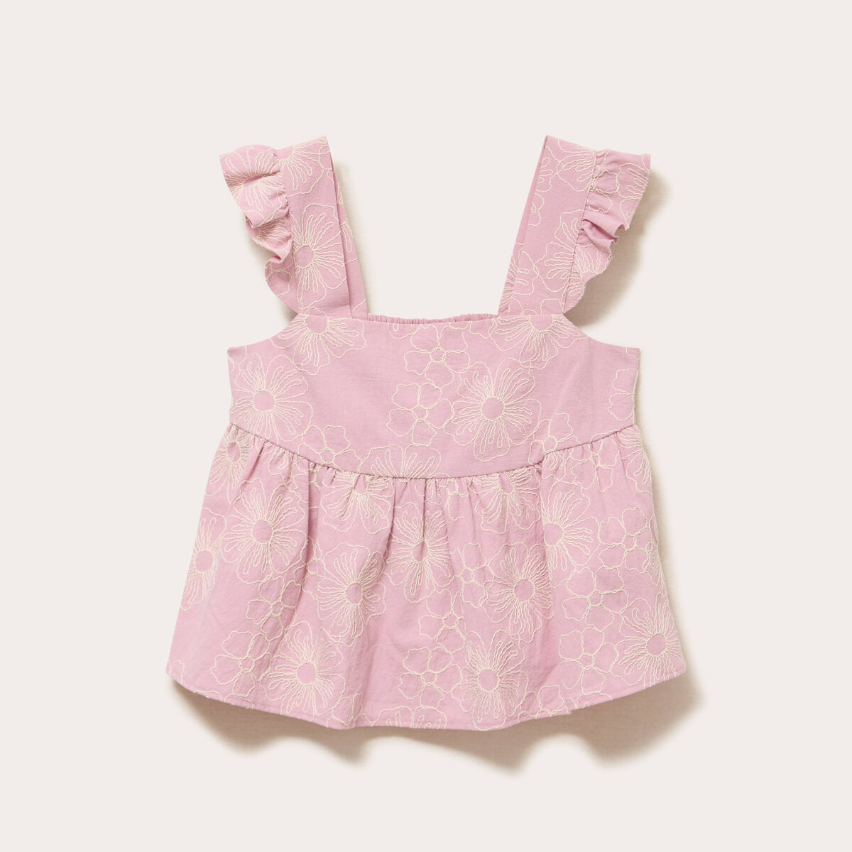 Top broderie col carr&eacute; fines bretelles rose clair femme