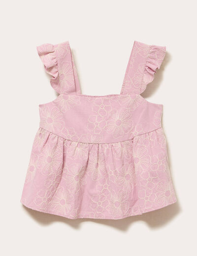 Top broderie col carr&eacute; fines bretelles rose clair femme