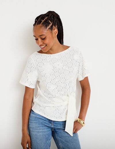 Blouse col v manches courtes ecru femme