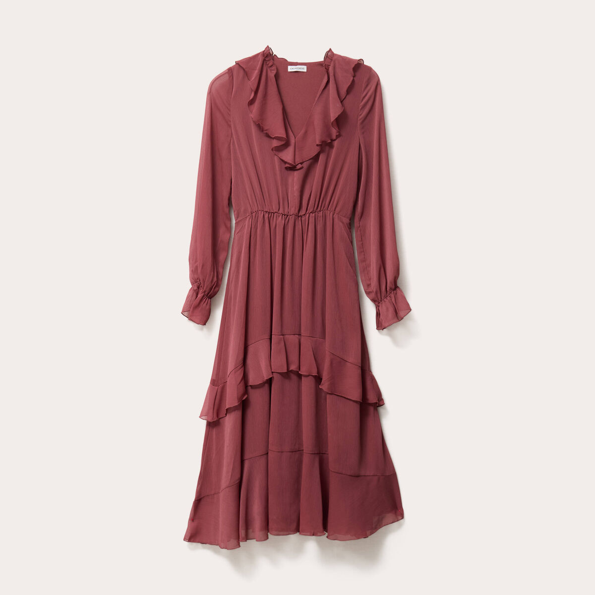 Robe longue &eacute;vas&eacute;e volants vieux rose femme
