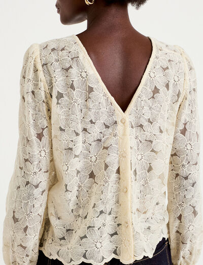 Blouse droite col v en dentelle ecru femme