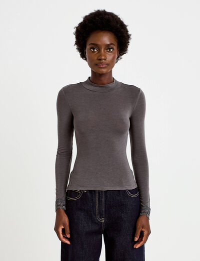 T-shirt ajust&eacute; col roul&eacute; dentelle gris fonc&eacute; femme
