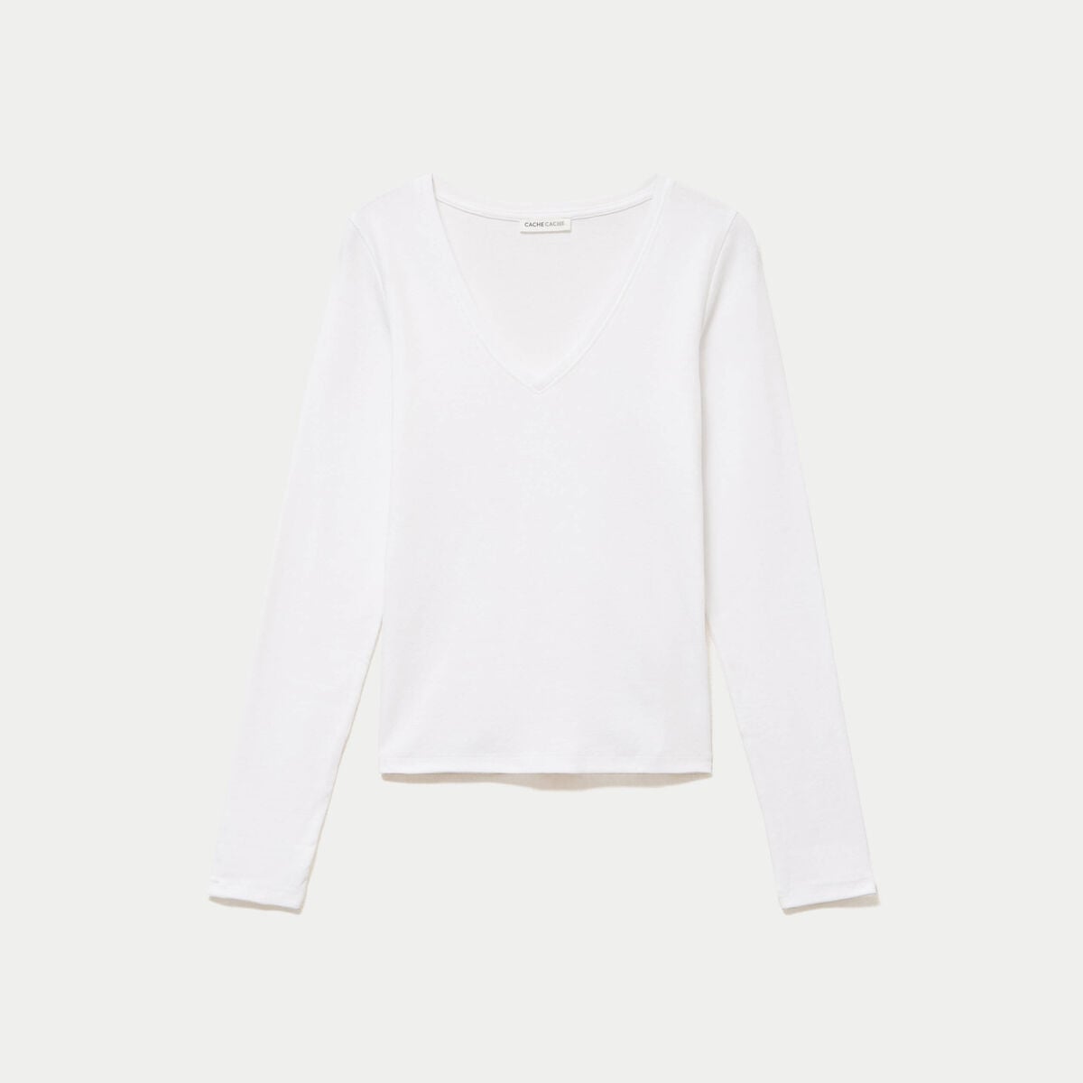 Top ajust&eacute; col v manches longues blanc femme