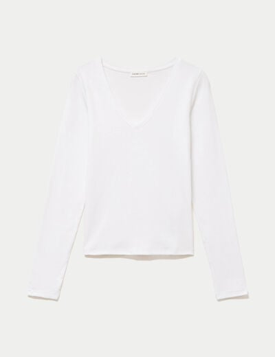 Top ajust&eacute; col v manches longues blanc femme