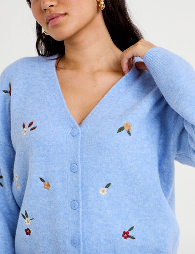 Gilet manches longues fleurs brod&eacute;es bleu ciel femme