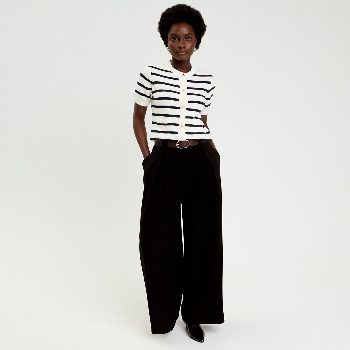 Pantalon large avec ceinture noir femme
