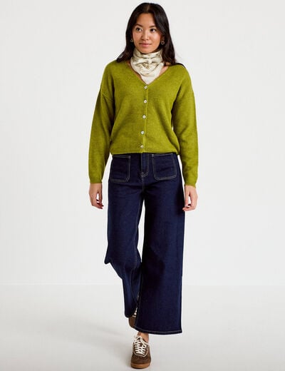 Gilet boutonn&eacute; avec col en V vert fonc&eacute; femme