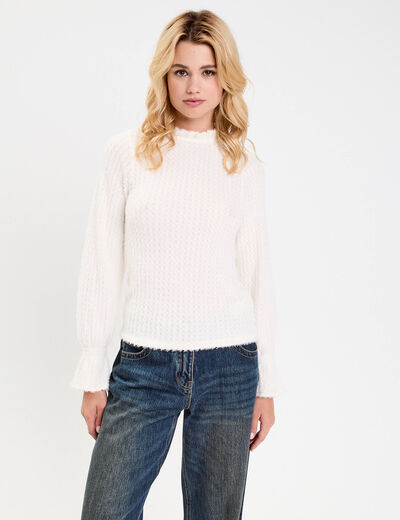 Blouse ajour&eacute;e manches longues ivoire femme