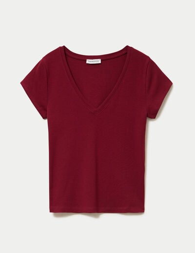 T-shirt ajust&eacute; col v manches courtes rouge femme