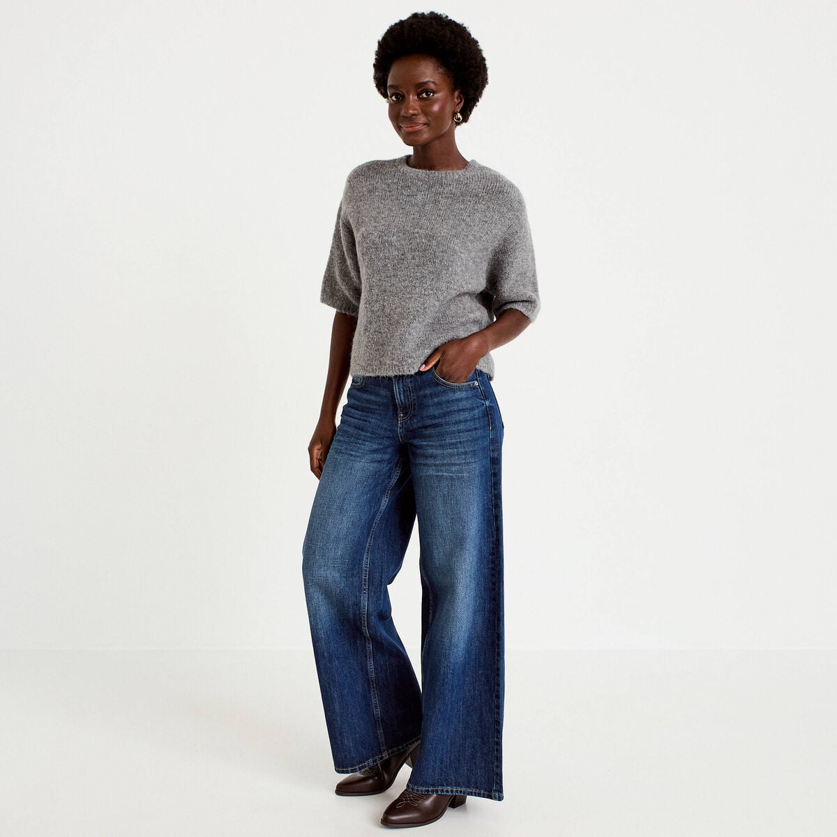 Pull manches courtes gris femme