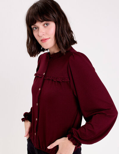 Blouse d&eacute;tails volants violet fonc&eacute; femme
