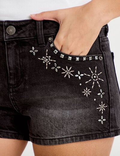 Short en jean avec broderie denim noir femme