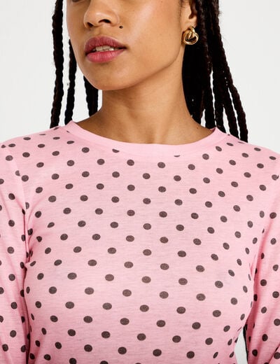 T-shirt ajust&eacute; col rond manches longues rose corail femme