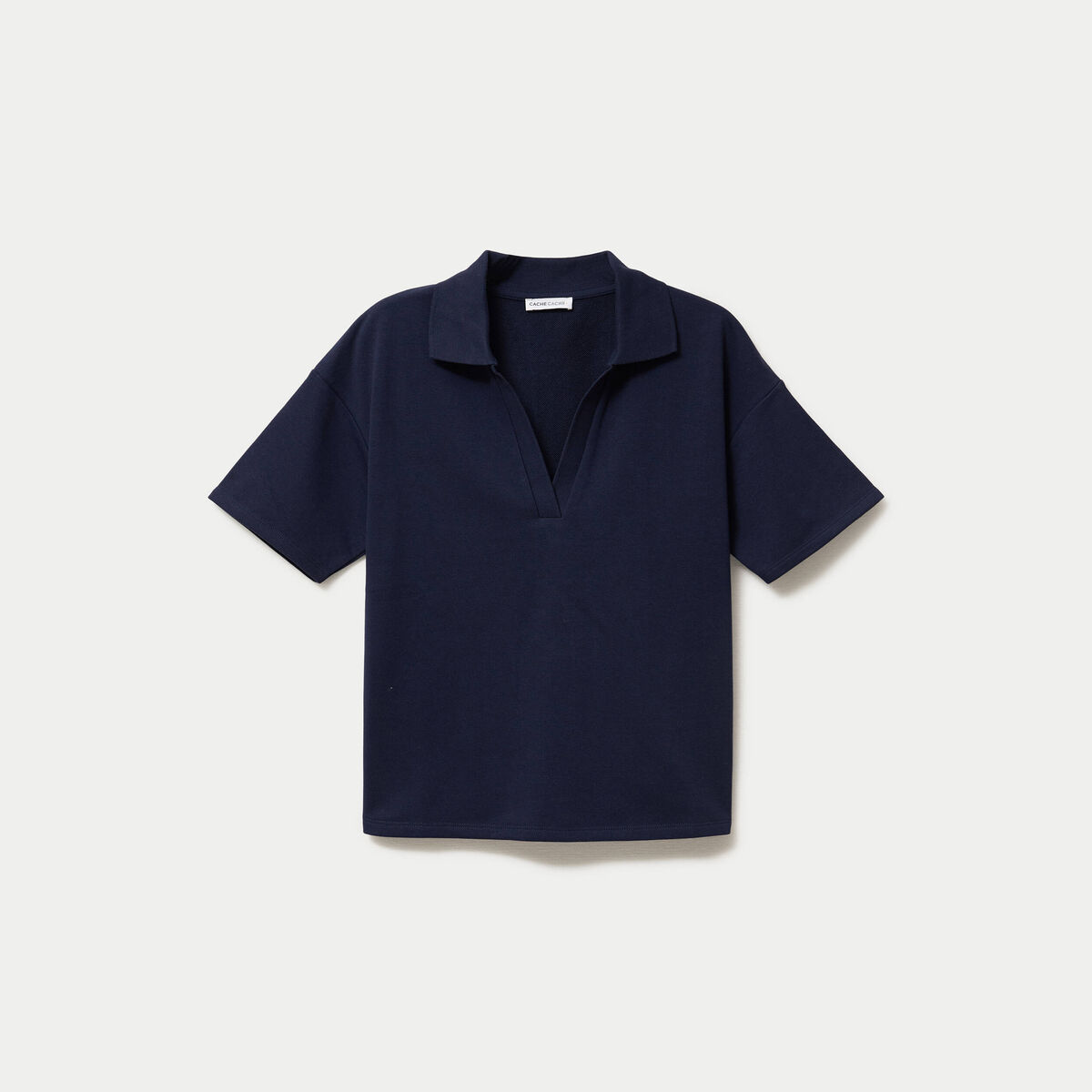 Sweat col chemise manches courtes bleu marine femme