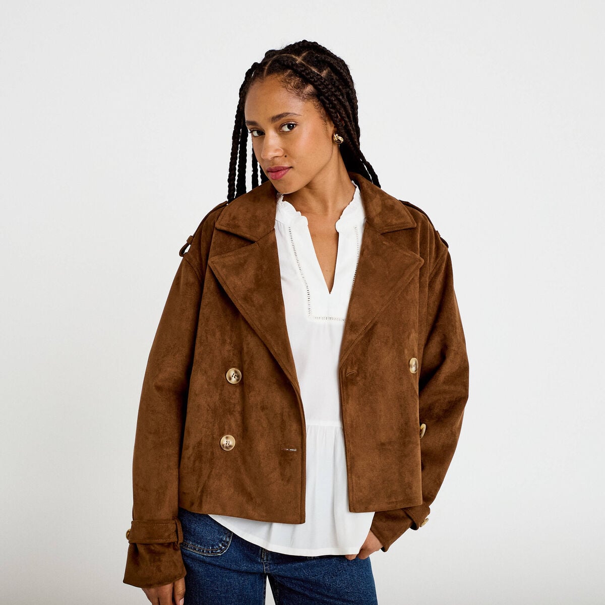Trench droit manches longues aspect daim marron femme