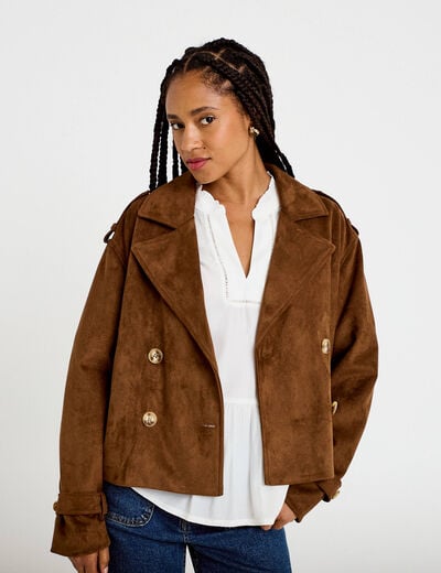 Trench droit manches longues aspect daim marron femme