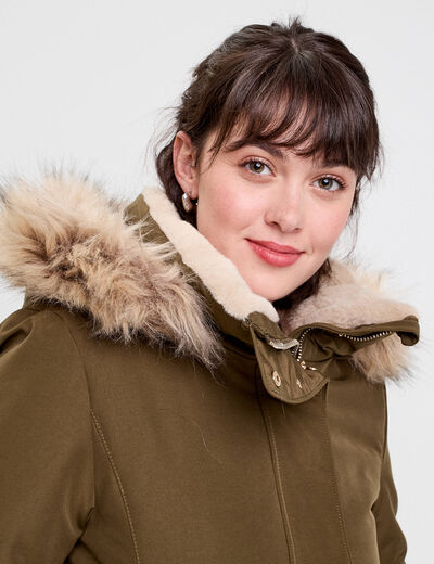 Parka &agrave; capuche fausse fourrure vert kaki femme