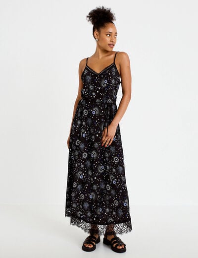 Robe longue &eacute;vas&eacute;e col v dentelle noir femme
