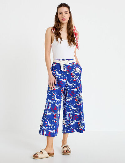 Pantalon large 3/4 taille standard bleu marine femme