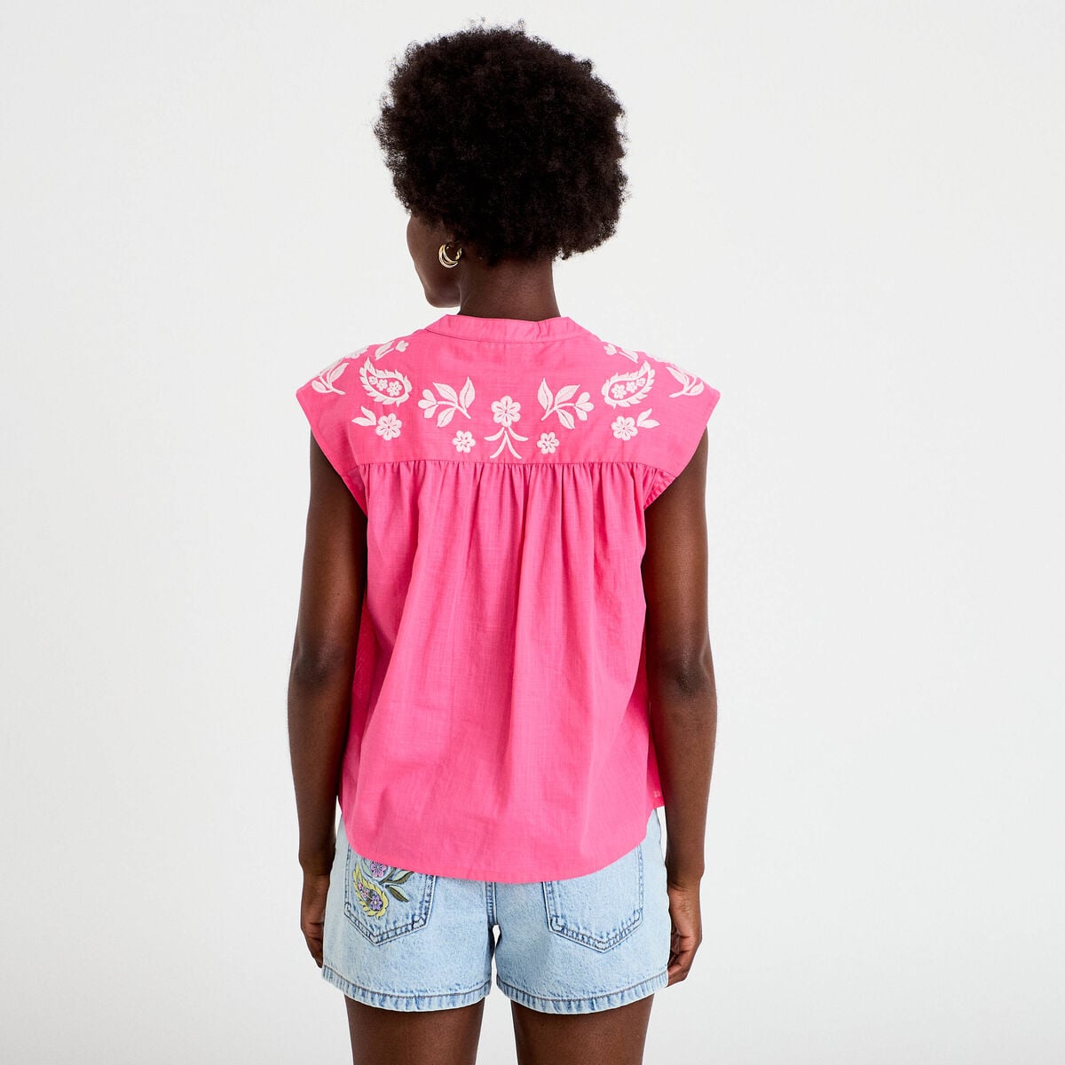 Blouse droite sans manches col v rose fushia femme