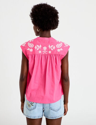 Blouse droite sans manches col v rose fushia femme