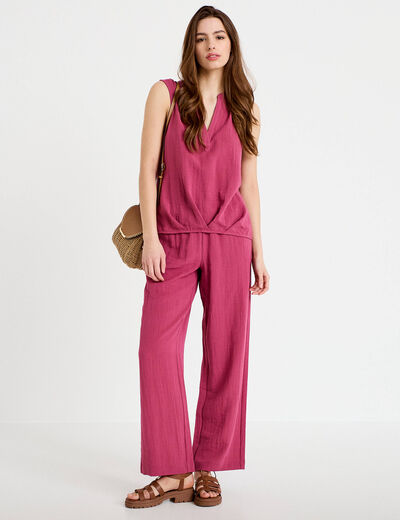 Pantalon large taille haute en cr&ecirc;pe prune femme