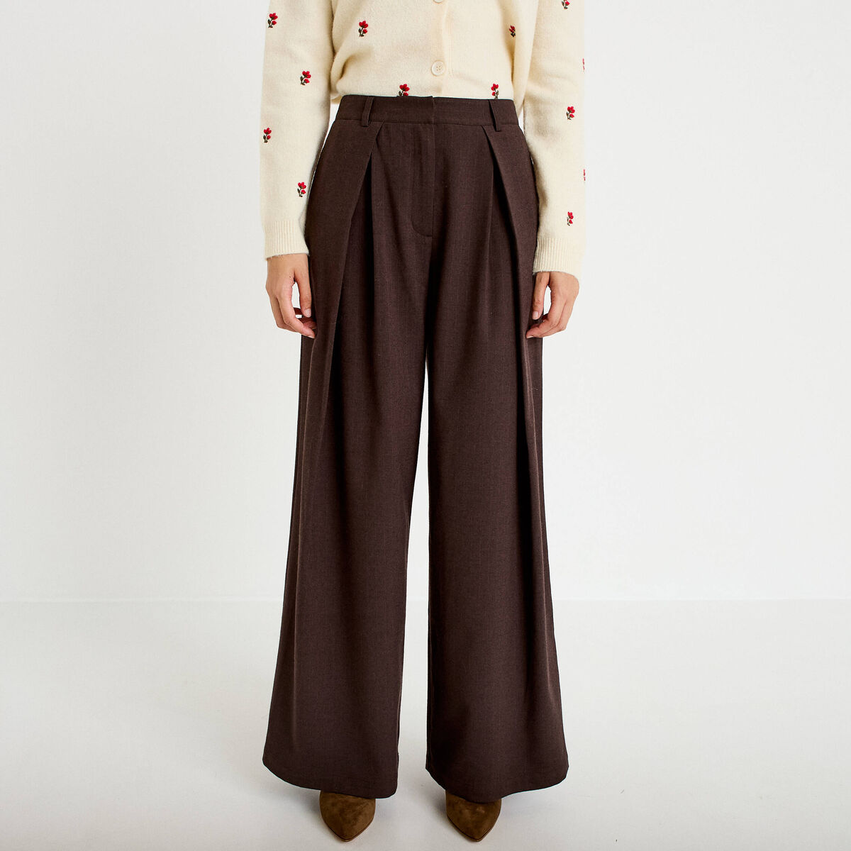 Pantalon bootcut taille haute chin&eacute; marron femme