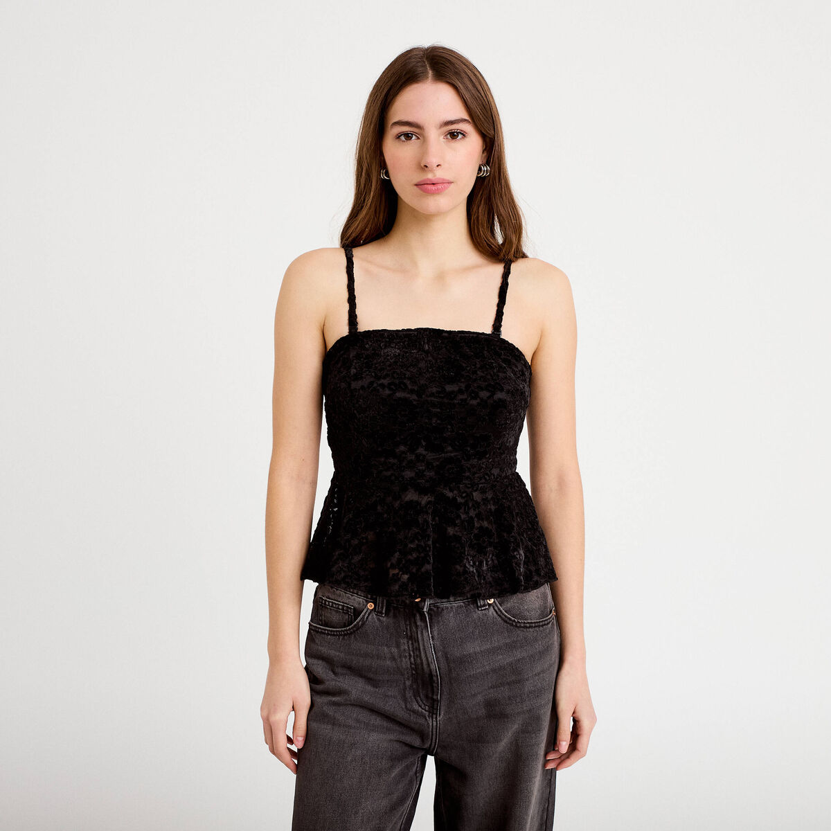 Top dentelle velours bretelles amovibles noir femme