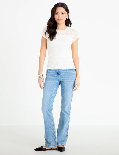Top en dentelle col rond manches courtes ecru femme