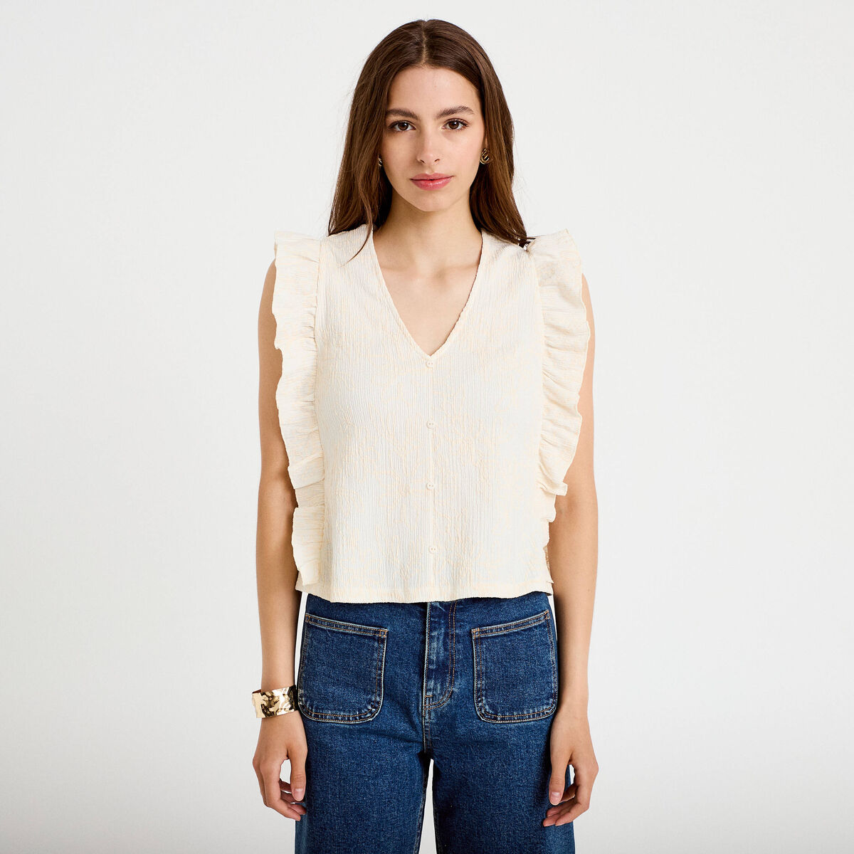 T-shirt sans manches col v brod&eacute; ecru femme