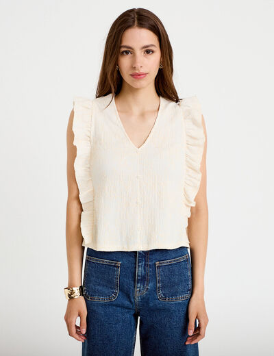 T-shirt sans manches col v brod&eacute; ecru femme