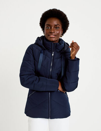 Doudoune cintr&eacute;e &agrave; capuche bleu marine femme