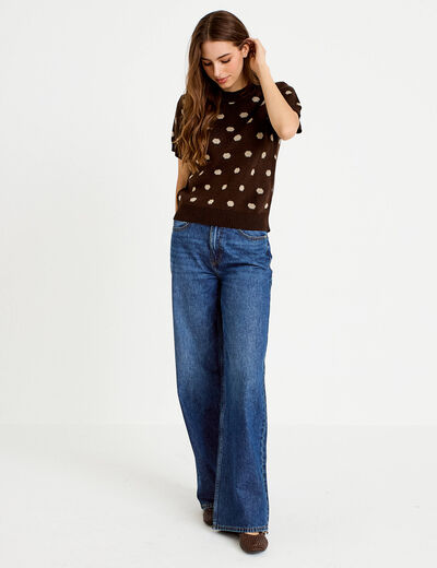 Pull cintr&eacute; col rond manches courtes marron fonc&eacute; femme
